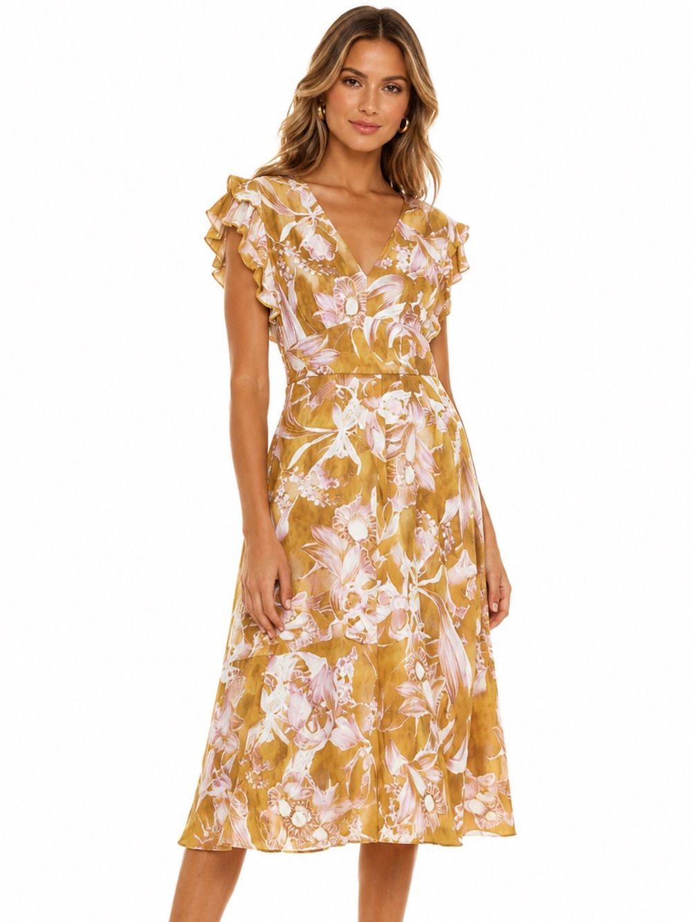 Atelier New York Copper Pink Floral Ruffle Midi Dress Size 12